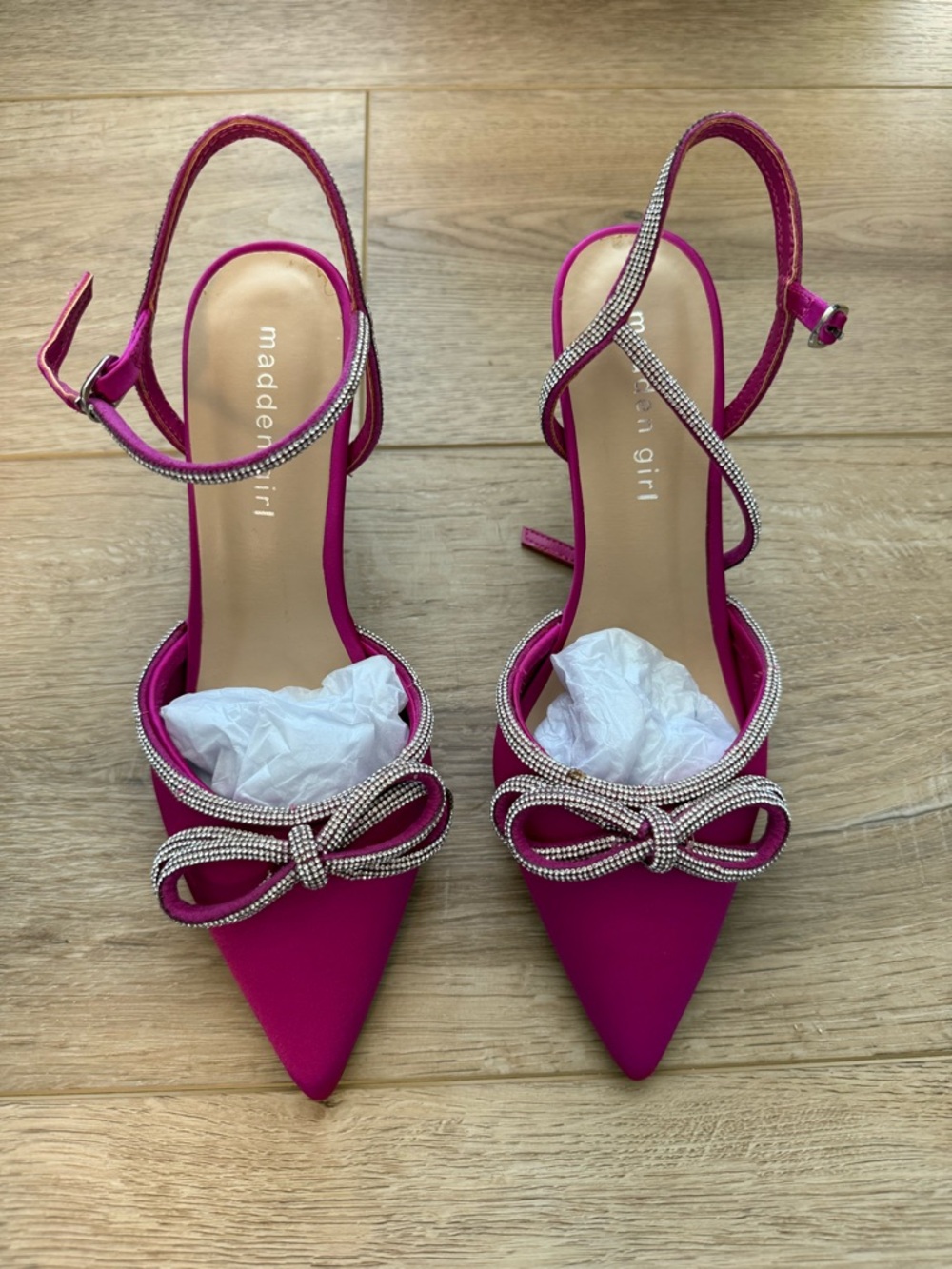 Madden Girl Hot Pink Pointed Slingback Heels with Rhinestone Bow